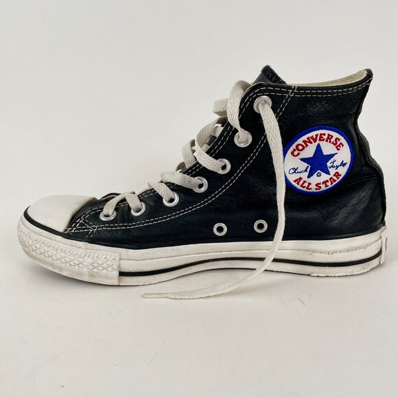 Black Leather Converse Chuck Taylor All Star High Tops, Size W7.5/M5.5 - Picture 2 of 8